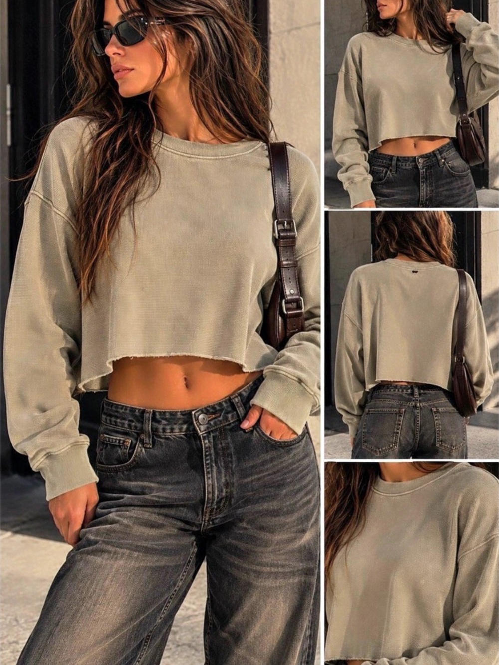 Y2K Forever 21 Olive Green Waffle Knit Boxy Cropped Crewneck